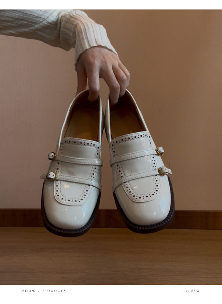 French Style Gentle White Loafers for Women with Belt Buckle Carved Slip-On Low Heel Shoes