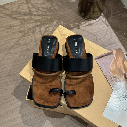 Rubber PU Medium Heel Flat Toe Slippers