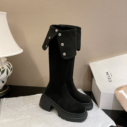 2025New Retro Small Western Boots for Women, Autumn and Winter Fleece-Lined Over-the-Knee Long Boots, Brown Long Boots, Riding Boots