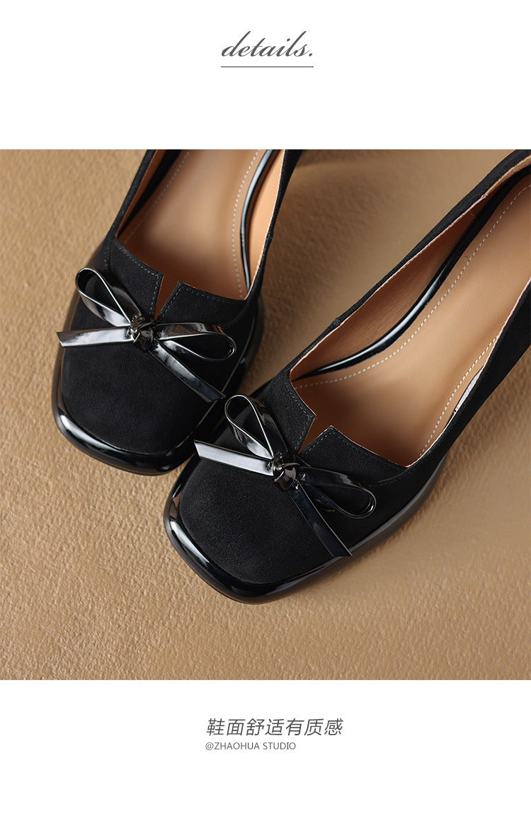 2024Spring New Style Bowknot Matte Chunky Heel Pumps for Women Shallow Mouth Waterproof Platform Chunky Heel Pumps