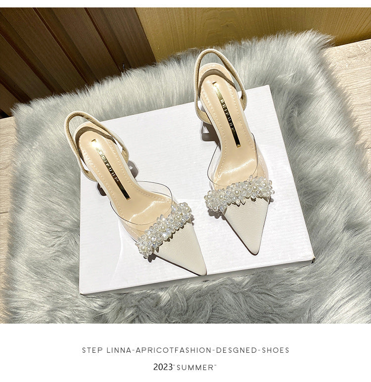 Women's Closed-Toe Sandals for Spring and Summer2023New Year's New French Transparent Pointed Toe Small Heel White High Heels Stiletto Single Shoes