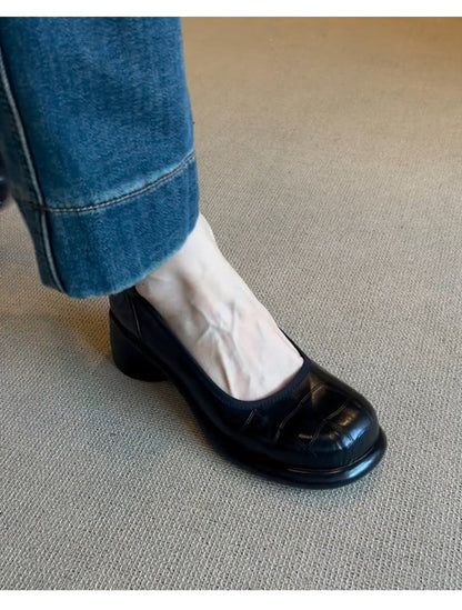Vintage Shallow Mouth Single Shoes for Women, Round Toe, Chunky Heel, Slip-On Mary Jane Shoes, British Style Small Leather Shoes