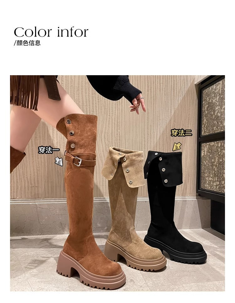 2025New Retro Small Western Boots for Women, Autumn and Winter Fleece-Lined Over-the-Knee Long Boots, Brown Long Boots, Riding Boots