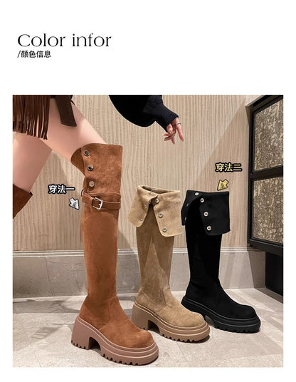 2025New Retro Small Western Boots for Women, Autumn and Winter Fleece-Lined Over-the-Knee Long Boots, Brown Long Boots, Riding Boots