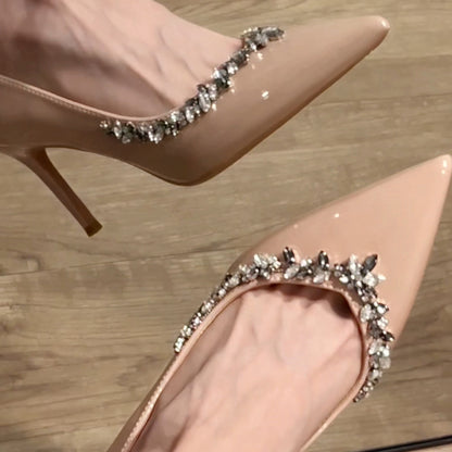 New Nude Rhinestone High Heels for Women, Thin Heel Pointed Toe Elegant Shallow Mouth Comfortable Single Shoes Wedding Shoes