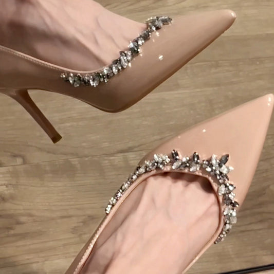 New Nude Rhinestone High Heels for Women, Thin Heel Pointed Toe Elegant Shallow Mouth Comfortable Single Shoes Wedding Shoes