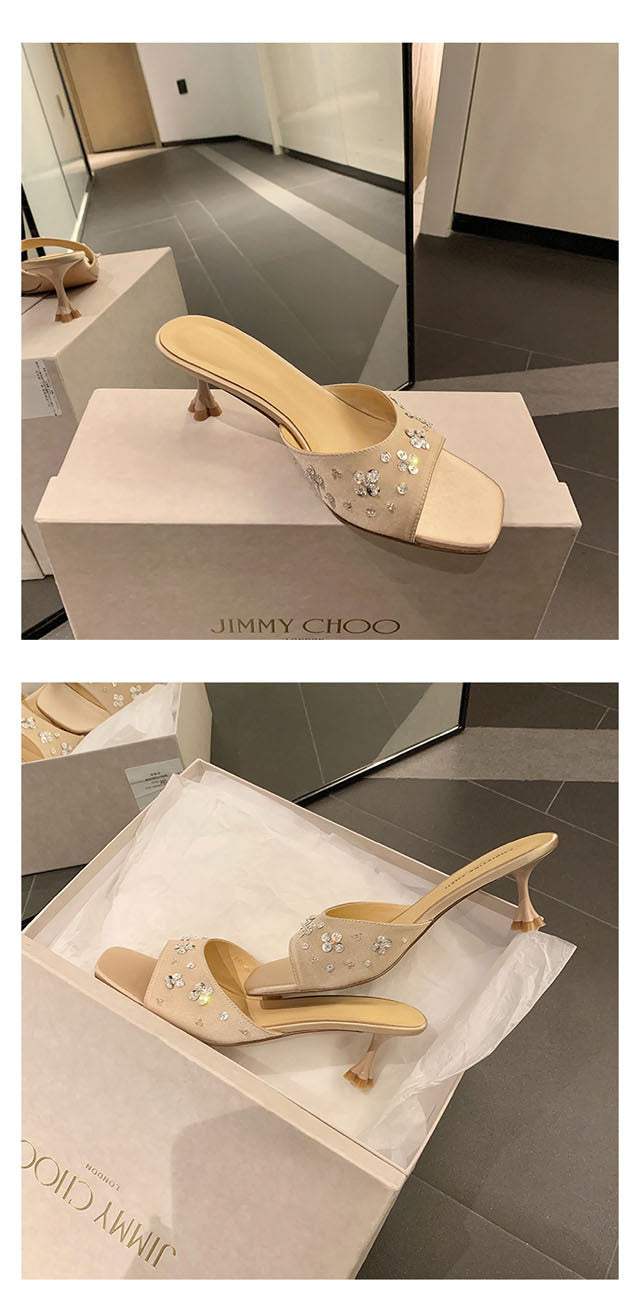 French Style Square Toe One Strap High Heels Petal Rhinestone Satin Kitten Heel Sandals for Women Summer Outdoor Wear