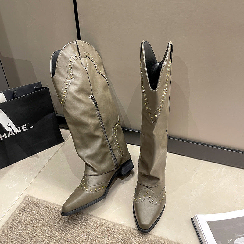 2025New Autumn Retro Pointed Toe Bootcut Boots Mid-Calf Boots for Women Hot Girl Boots Bootcut Boots Spring Autumn Winter Martin Boots