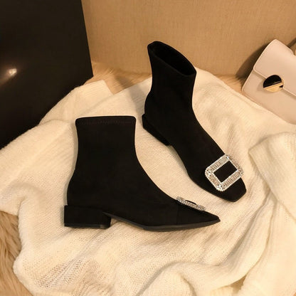 Square Buckle Rhinestone Elastic Sock Boots for Women, Low Heel, Chunky Heel, Black Square Toe Short Boots, Suede Slim Boots for Women