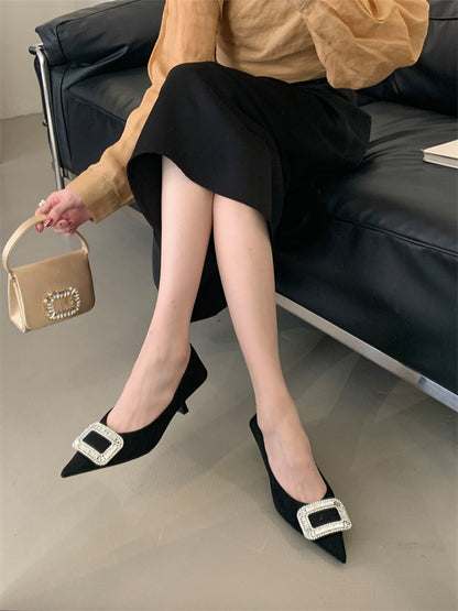 French pointed toe high heels stiletto single shoes for women2025Spring and Autumn New Style Cat Heel Elegant Rhinestone Black Work Shoes