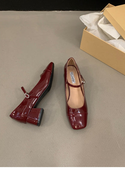 Women's Red Chunky Heel Shoes2023 New Summer Mid-High Heels silver Mary Jane Shoes for Dresses Evening Shoes