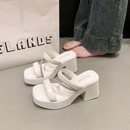Solid Color Rubber Chunky Heel PU High Heel Slippers