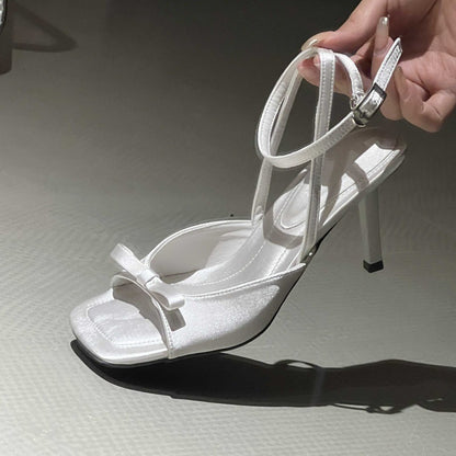 Ankle Strap silver Satin Bow High Heel Sandals Thin Heel Open Toe Women's Sandals Elegant