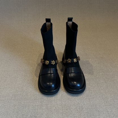 Thick-Soled Metal Buckle Elastic Short Boots Retro College Style Knitted Slim Boots Women Versatile Loafers Sock Boots