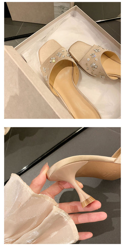 French Style Square Toe One Strap High Heels Petal Rhinestone Satin Kitten Heel Sandals for Women Summer Outdoor Wear