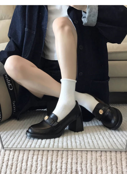 Camellia Loafers for Women2024New French Style Chunky Heel Black High Heel British Style Small Leather Shoes