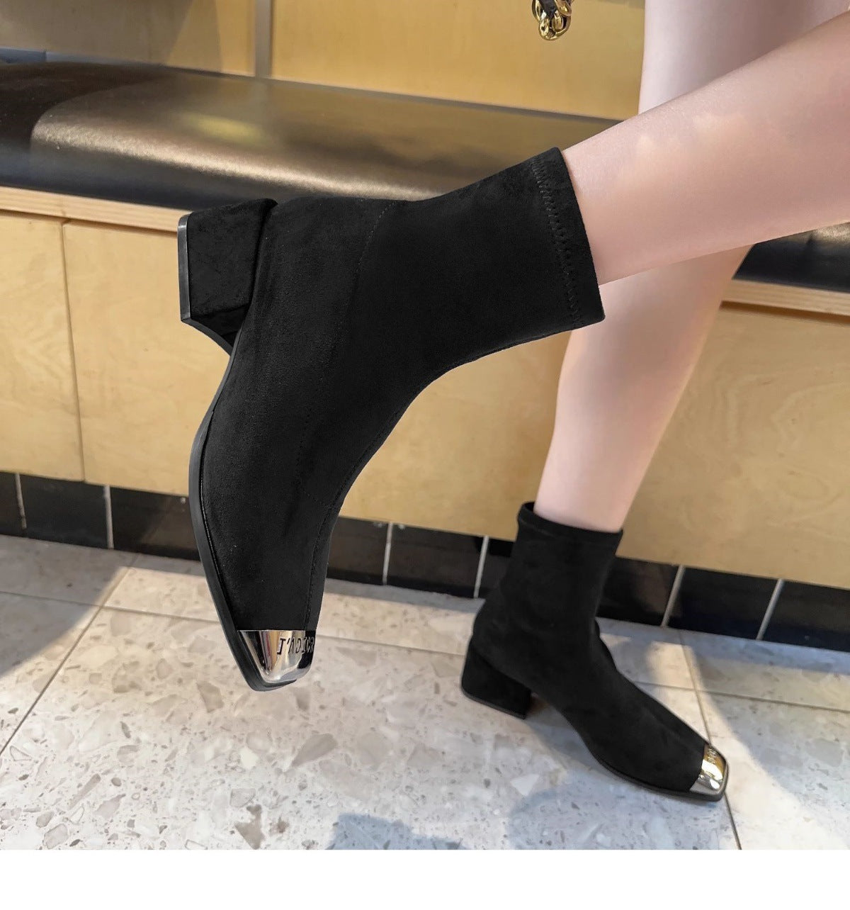 Women's Suede Ankle Boots2024Autumn New Fashionable Chunky Heel Metal Square Toe Mid-Heel Stretch Slim Sock Boots
