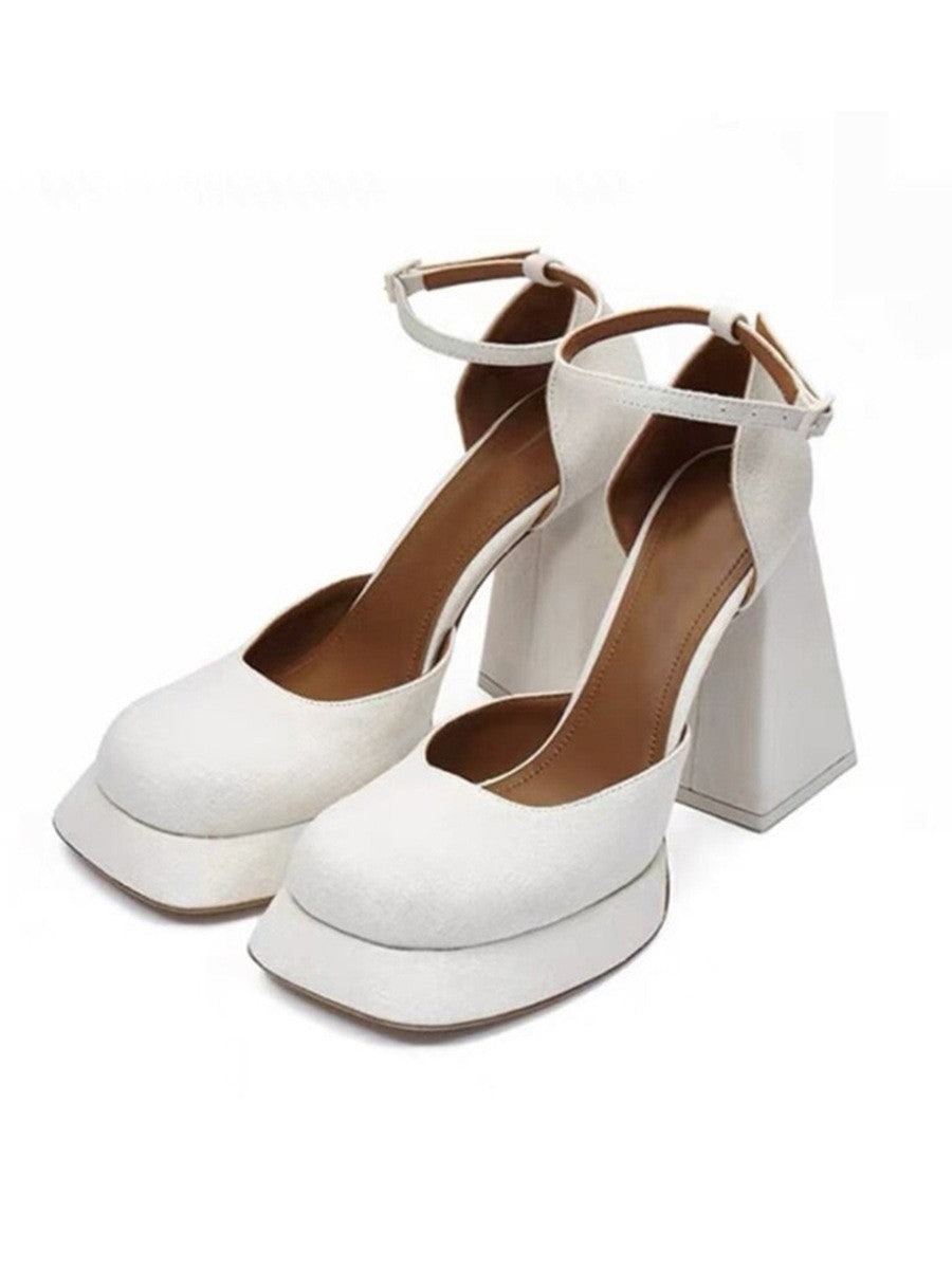 Yu Shuxin Style White High Heels Chunky Heel Petite Vintage Shoes Waterproof Platform Mary Jane Shoes