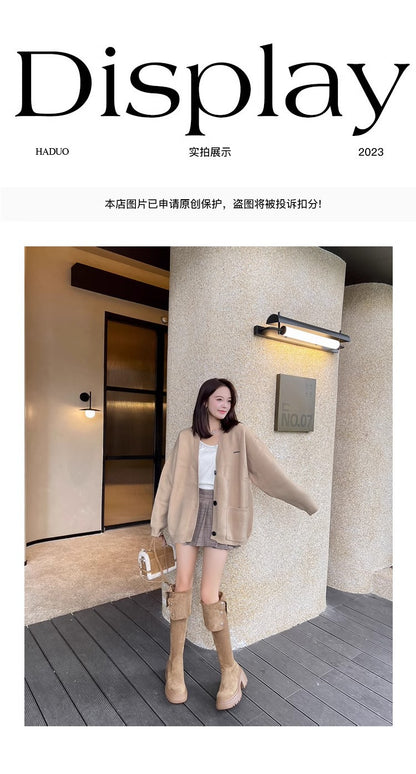 2025New Retro Small Western Boots for Women, Autumn and Winter Fleece-Lined Over-the-Knee Long Boots, Brown Long Boots, Riding Boots