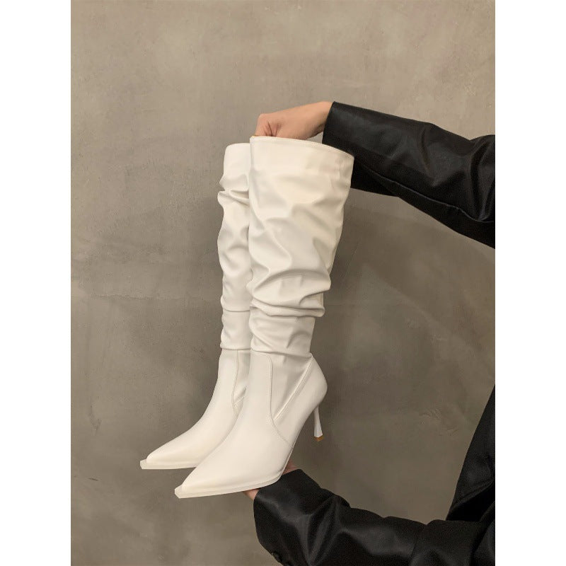 High Heel Pointed Toe Pile Long Boots Women's Shoes2024New Autumn and Winter White Slim Thin Heel Knight Mid-Length Boots