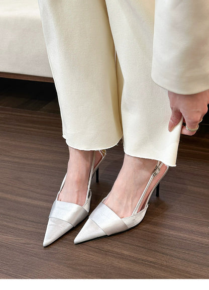 Cool and sophisticated！Pointed Toe silver Satin Sandals for Women, Closed Toe, Open Back, Stiletto High Heels2025