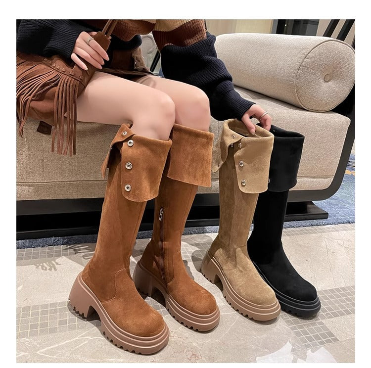2025New Retro Small Western Boots for Women, Autumn and Winter Fleece-Lined Over-the-Knee Long Boots, Brown Long Boots, Riding Boots