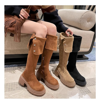 2025New Retro Small Western Boots for Women, Autumn and Winter Fleece-Lined Over-the-Knee Long Boots, Brown Long Boots, Riding Boots