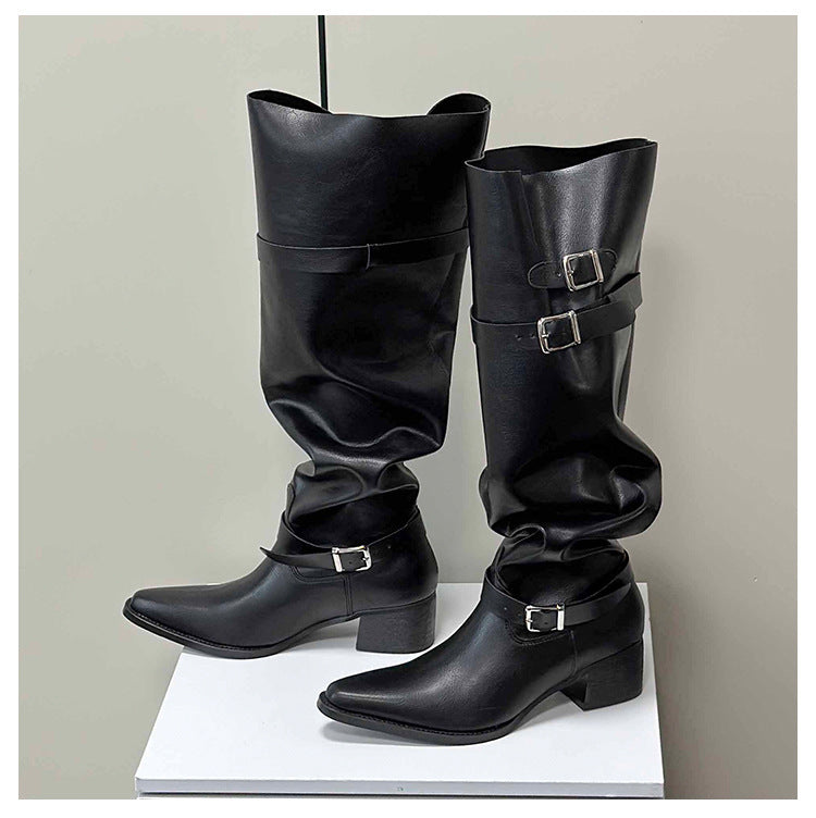 Korean Style Large Tube Pile Boots for Women with Chunky Heels, Over-the-Knee Boots2024Autumn Belt Buckle Western Boots Fashion Long Boots