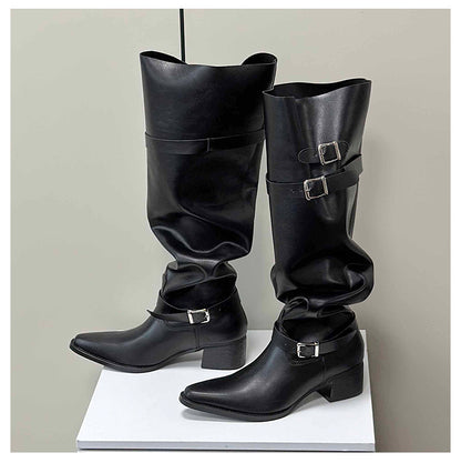Korean Style Large Tube Pile Boots for Women with Chunky Heels, Over-the-Knee Boots2024Autumn Belt Buckle Western Boots Fashion Long Boots