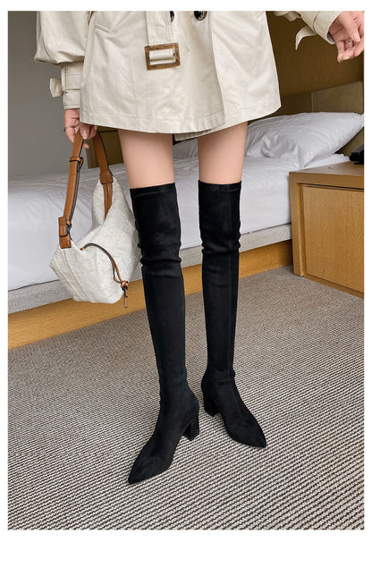 Long Boots for Women, Stretch Long Boots, Pointed Toe High Heel Boots, Over-the-Knee Boots, Suede High Boots, Khaki Color