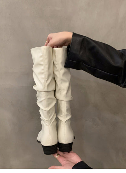 Chunky Heel Ruched Slouchy Long Tube Riding Boots for Women2024New Spring and Autumn Western Slim Mid-Calf Long Boots