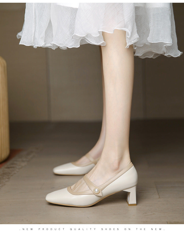 Mary Jane High Heels for Women, Chunky Heel, 2025 New Vintage Style, Versatile with Dresses, French Mid-Heel Square Toe Pumps for Women