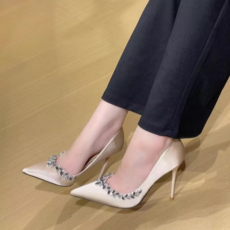 Purple high heels for women with thin heels and pointed toes, decorated with rhinestones V Elegant Socialite Style French Single Shoes2024Winter New