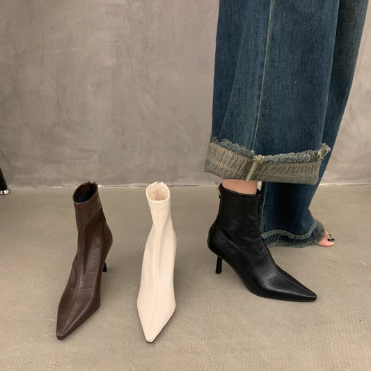 Thin Heel High Heel Spring and Autumn Single Boots Pointed Toe Short Boots Women's Shoes2023New Year's New White Korean Style Slim Nude Boots