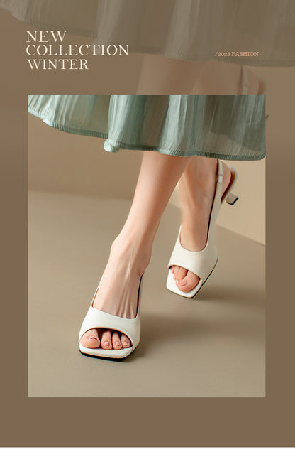 French Style Simple Open Back Peep Toe High Heels Elegant Slim Mid Heel Stiletto Sandals for Women Summer2024New