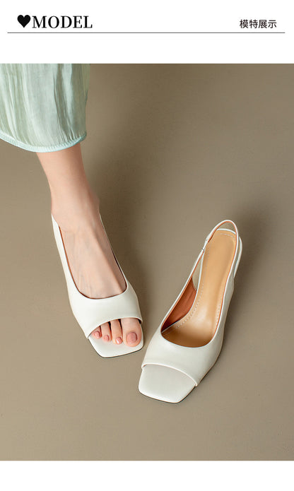 French Style Simple Open Back Peep Toe High Heels Elegant Slim Mid Heel Stiletto Sandals for Women Summer2024New