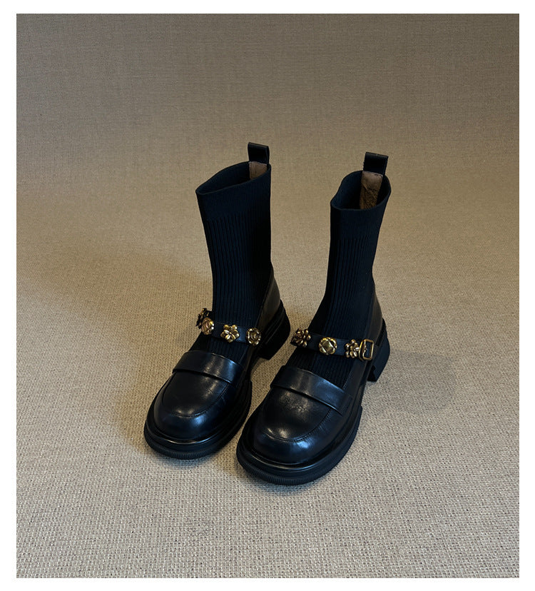 Thick-Soled Metal Buckle Elastic Short Boots Retro College Style Knitted Slim Boots Women Versatile Loafers Sock Boots