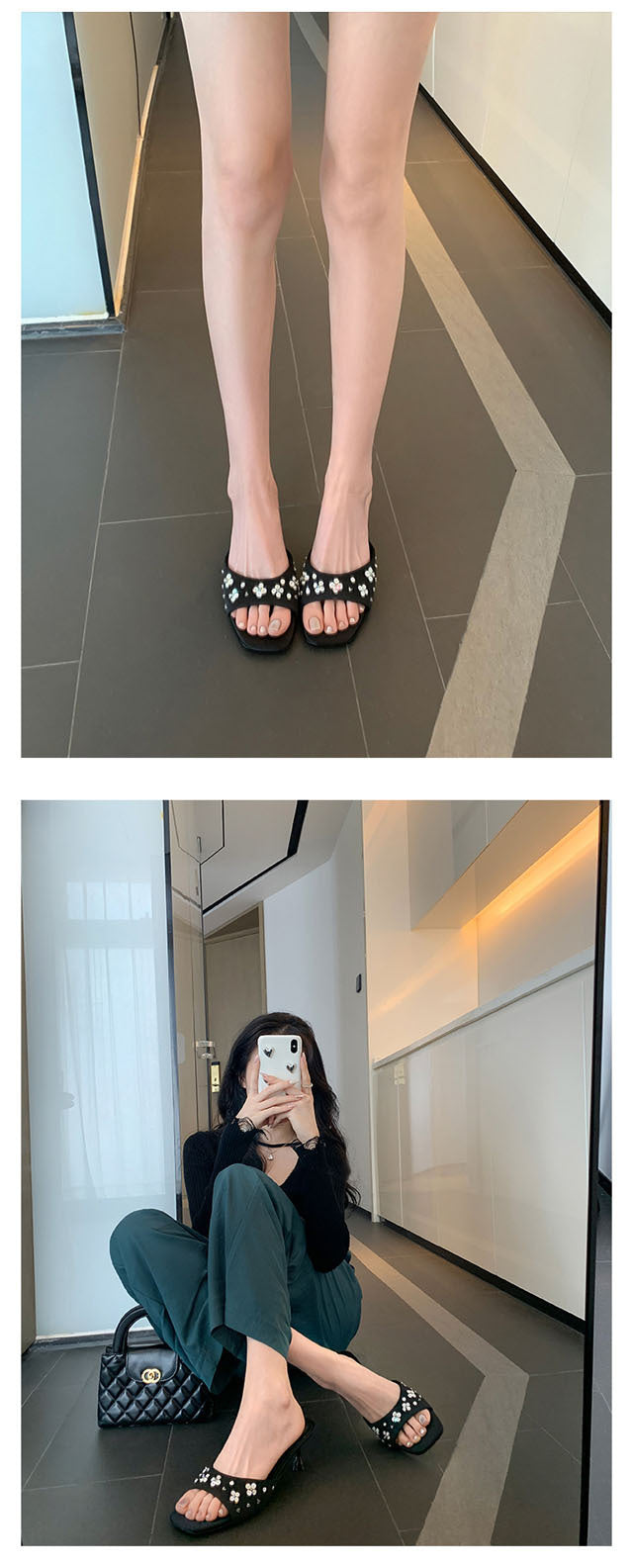 French Style Square Toe One Strap High Heels Petal Rhinestone Satin Kitten Heel Sandals for Women Summer Outdoor Wear