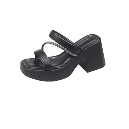 Solid Color Rubber Chunky Heel PU High Heel Slippers