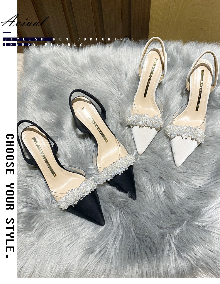 Women's Closed-Toe Sandals for Spring and Summer2023New Year's New French Transparent Pointed Toe Small Heel White High Heels Stiletto Single Shoes