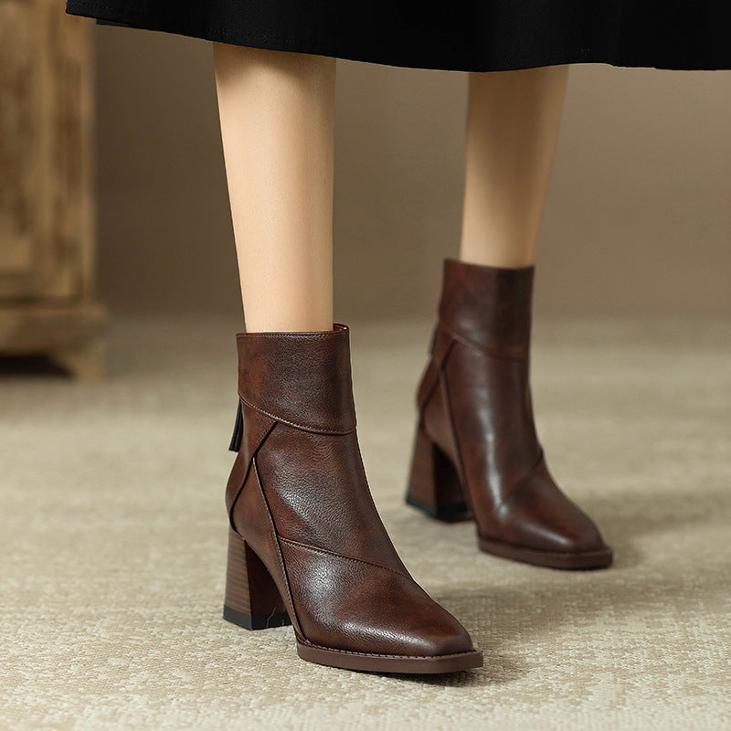 Women's Chunky Heel Ankle Boots2024New High Heel Winter Brown Slim Boots British Style Retro Martin Boots