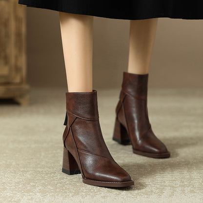 Women's Chunky Heel Ankle Boots2024New High Heel Winter Brown Slim Boots British Style Retro Martin Boots