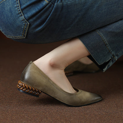 French Retro Color-Washed Pointed Toe Shallow Mouth Women's Shoes2023Spring new style comfortable soft leather thick heel low heel shoes