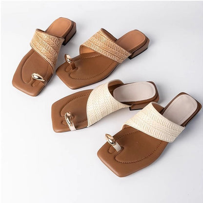 Thick Heel Vacation Style Straw Weave Toe Clip Sandals for Women Summer Outdoor Wear2024New French Style Sandals