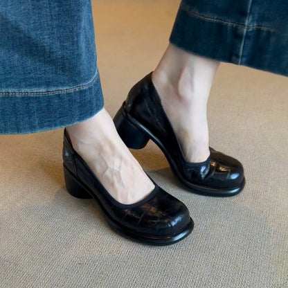 Vintage Shallow Mouth Single Shoes for Women, Round Toe, Chunky Heel, Slip-On Mary Jane Shoes, British Style Small Leather Shoes