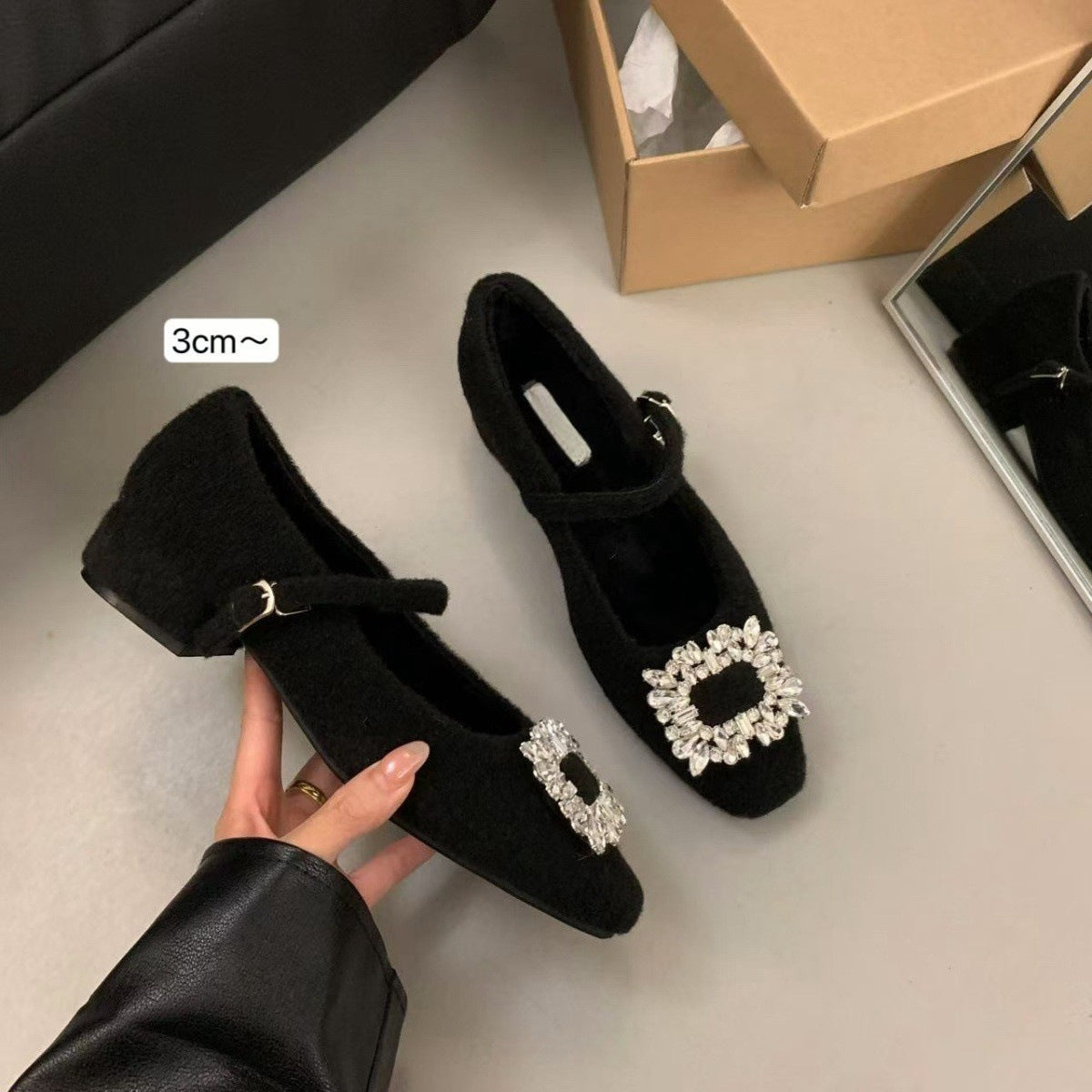 Thick Heel High Heel Black Square Toe Rhinestone Single Shoes Women's Shoes2024New autumn and winter fleece-lined Mary Jane furry shoes