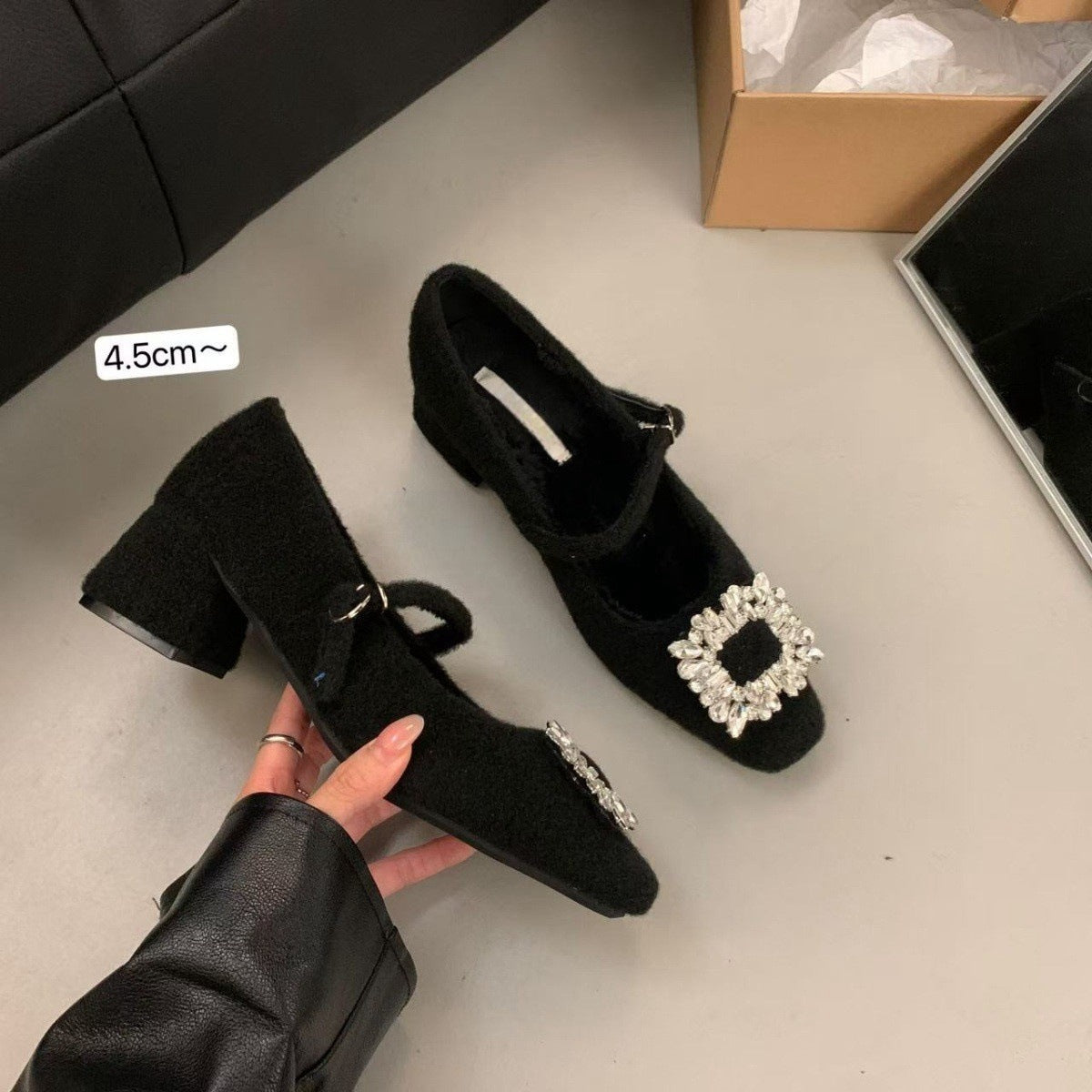 Thick Heel High Heel Black Square Toe Rhinestone Single Shoes Women's Shoes2024New autumn and winter fleece-lined Mary Jane furry shoes
