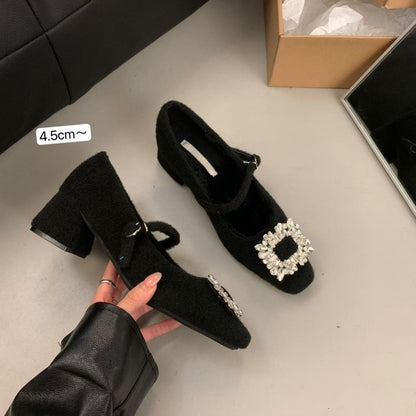 Thick Heel High Heel Black Square Toe Rhinestone Single Shoes Women's Shoes2024New autumn and winter fleece-lined Mary Jane furry shoes