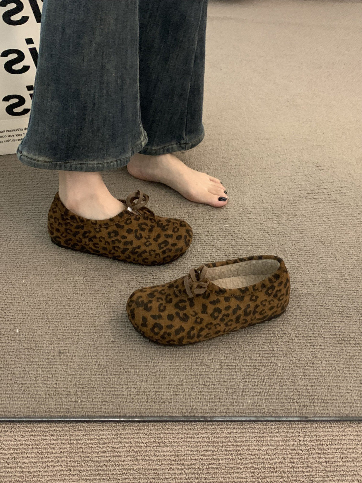 Late Night Breeze Height Increasing Thick Sole Leopard Print Fleece Lined Birkenstock Shoes for Outdoor Wear Autumn Winter Slip-On Ugly Cute Deep Mouth Beanie Cotton Shoes