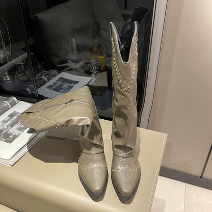 2025New Autumn Retro Pointed Toe Bootcut Boots Mid-Calf Boots for Women Hot Girl Boots Bootcut Boots Spring Autumn Winter Martin Boots